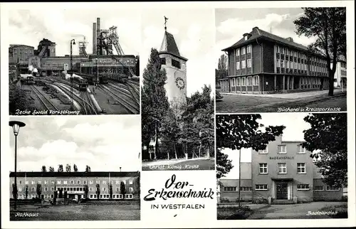Ak Oer Erkenschwick im Ruhrgebiet, Bücherei, Badeanstalt, Christ König Kirche, Zeche Ewald Forts.