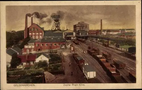 Ak Gelsenkirchen im Ruhrgebiet, Anlagen der Zeche Rhein Elbe, Bahnhof mit Güterzügen