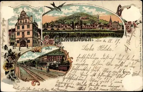 Litho Gemünden am Main Unterfranken, Rathaus, Panorama, Bahnhof