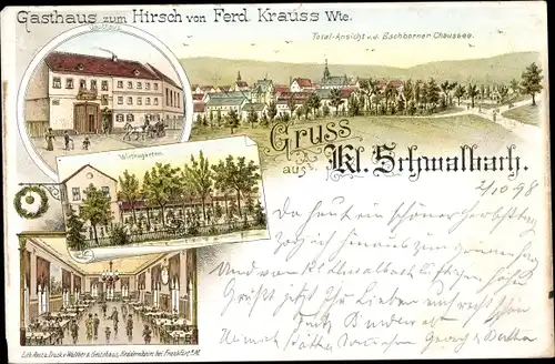 Litho Klein Schwalbach im Taunus, Gasthaus zum Hirsch, Gesamtansicht von der Eschborner Chaussee