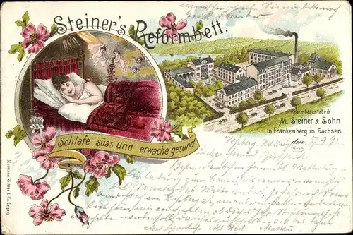 Litho Frankenberg an der Zschopau Sachsen, Betten-Fabrik, Steiner's Reformbett, Frau im Bett