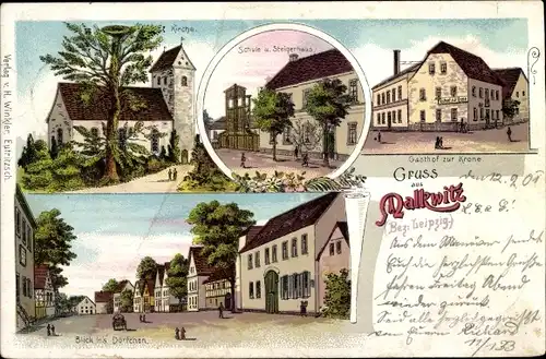 Litho Malkwitz Wermsdorf in Sachsen, Kirche, Schule, Steigerhaus, Gasthof zur Krone, Dörfchen