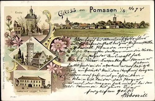 Litho Pomßen Parthenstein in Sachsen, Kirche, Schloss, Gasthof zum weißen Schwan, Gesamtansicht