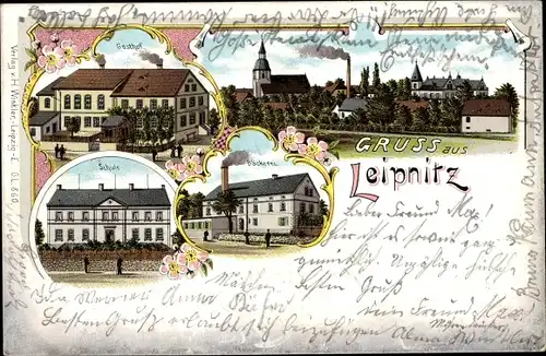 Litho Leipnitz Grimma in Sachsen, Gasthof, Kirche, Schule, Bäckerei