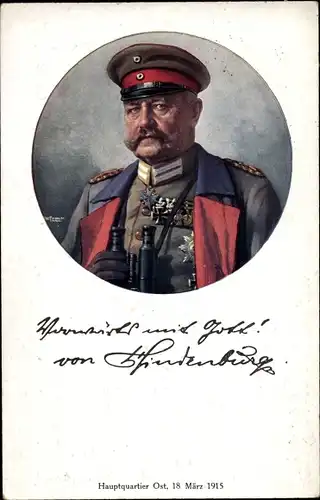 Künstler Ak Generalfeldmarschall Paul von Hindenburg, Vorwärts mit Gott, Hauptquartier Ost 1915