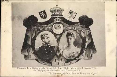 Ak König Albert I von Belgien, Elisabeth Gabriele in Bayern, Geburt von Prinz Leopold 1901