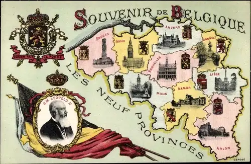 Wappen Landkarten Ak König Leopold II von Belgien, Provinzen, Lüttich, Arlon, Namur, Antwerpen