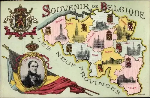 Wappen Landkarten Ak König Leopold I von Belgien, Provinzen, Lüttich, Arlon, Namur, Antwerpen
