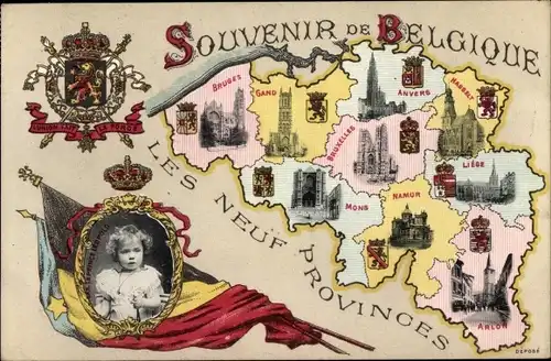 Wappen Landkarten Ak Prinz Leopold  von Belgien, Provinzen, Lüttich, Arlon, Namur, Antwerpen