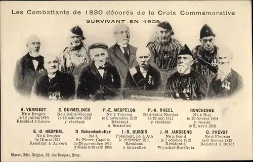 Ak Les Combattants de 1830 décorés de la Croix Commémorative survivant en 1905, belgische Veteranen