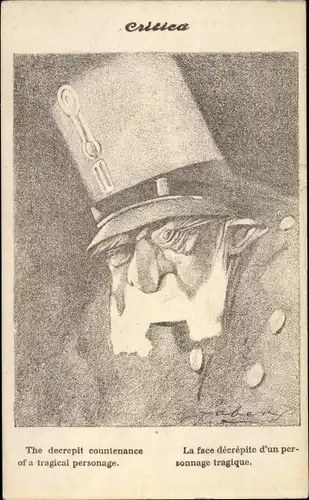 Künstler Ak Kaiser Franz Joseph I., Karikatur, the decrepit countenance of a tragical personage
