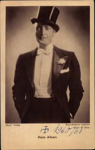 Ak Schauspieler Hans Albers, Smoking, Zylinder, Portrait