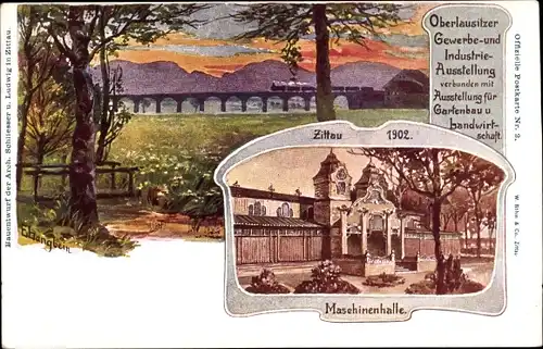 Künstler Ak Zittau Oberlausitz, Oberlausitzer Gewerbe- und Industrieausstellung 1902, Maschinenhalle