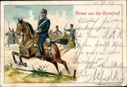 Litho Gruß aus der Garnison, deutsche Soldaten zu Pferde, Säbel