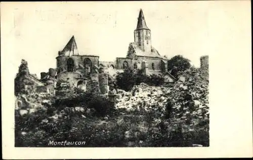 Ak Montfaucon Aisne, zerstörte Kirche
