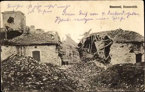 Ak Beaumont Meuse, Straßenbild, zerstörtes Haus