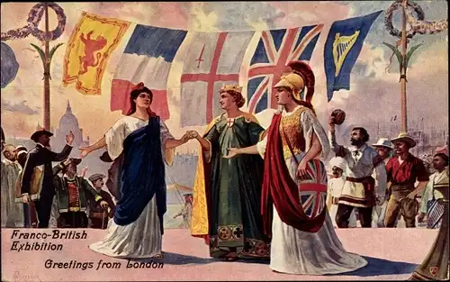 Künstler Ak White City London, Franco British Exhibition 1908, Fahnen, Allegorie Nationen