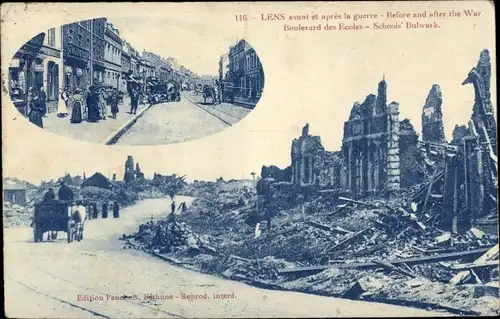 Ak Lens Pas de Calais, avant et aprés la guerre, Boulevard des Ecoles, Kriegszerstörung 1. WK