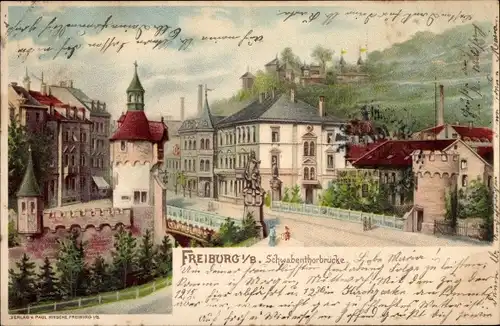 Litho Freiburg im Breisgau, Blick auf die Schwabentorbrücke, Wohnhäuser