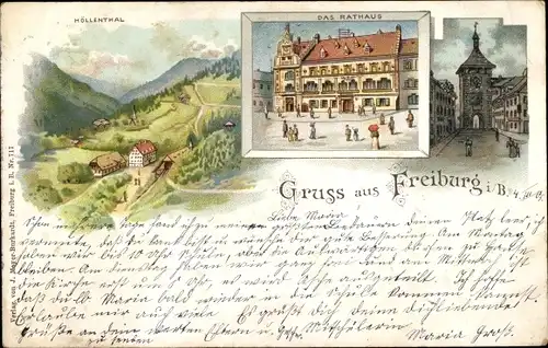 Litho Freiburg im Breisgau, Rathaus, Turm, Höllenthal