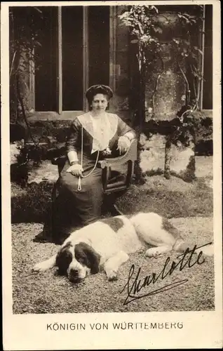 Ak Königin Charlotte von Württemberg mit Bernhardiner, gedrucktes Autogramm, Württemb. Landesverein