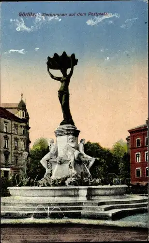 Ak Görlitz in der Lausitz, Zierbrunnen auf dem Postplatz