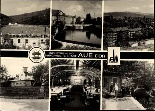 Ak Aue im Erzgebirge Sachsen, Otto-Grotewohl-Stadion, Muldenbrücke, Parkwarte, St. Urban-Stollen