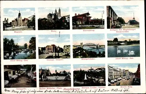 Ak Magdeburg, Museum, Dom, Königsbrücke, Zentraltheater, Salzquelle, Herrenkrug