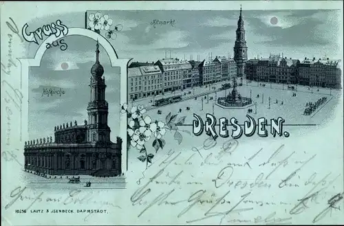 Mondschein Litho Dresden Altstadt, Altmarkt, Hofkirche