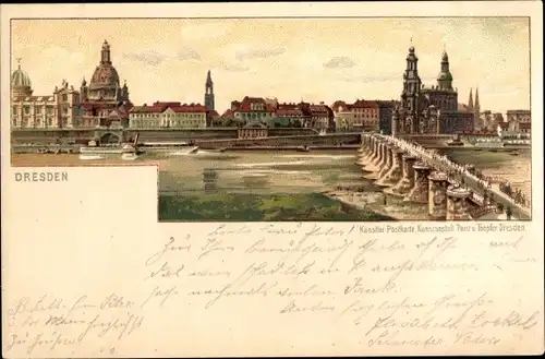 Litho Dresden Altstadt, Blick über die Elbe auf die Stadt, Brücke, Kirche
