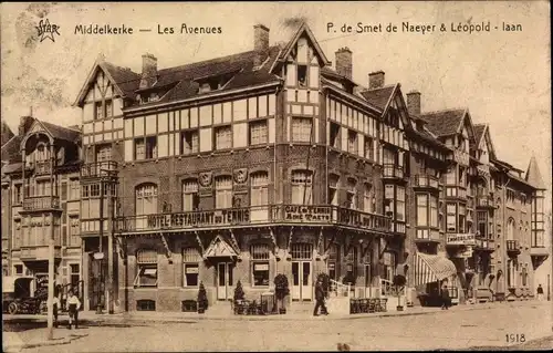 Ak Middelkerke Westflandern, Les Avenues P. de Smet de Naeyer & Leopold laan, Cafe
