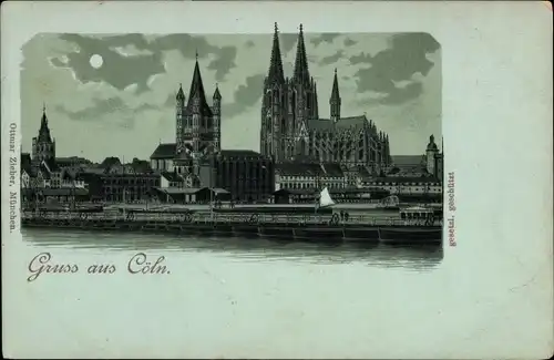 Mondschein Litho Köln am Rhein, Blick zum Dom