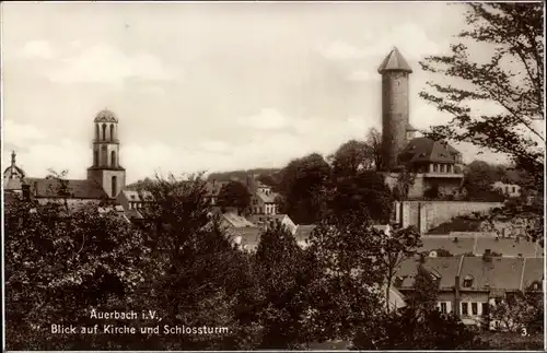 Ak Auerbach im Vogtland, Kirche und Schlossturm