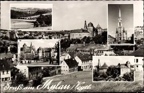 Ak Mylau Reichenbach im Vogtland, Göltzschtalbrücke, Kirche, Markt, Teilansicht, Schloss