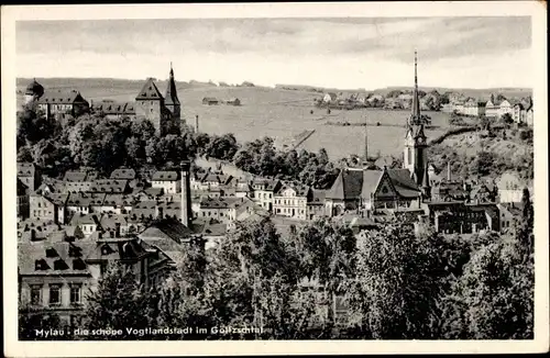 Ak Mylau im Vogtland, Blick auf den Ort im Göltzschtal, Kirchturm, Felder