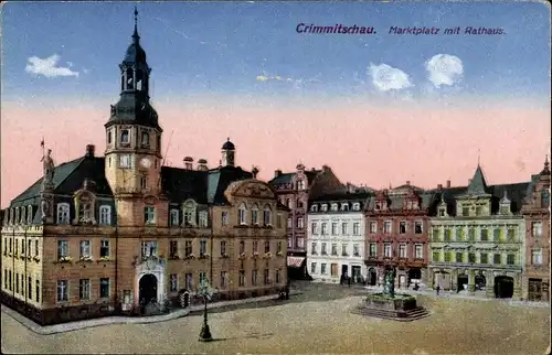 Ak Crimmitschau in Sachsen, Marktplatz mit Rathaus, Denkmal