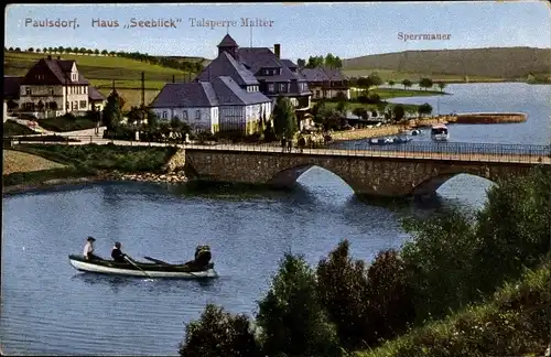 Ak Malter Dippoldiswalde, Talsperre Malter, Paulsdorf, Haus Seeblick, Sperrmauer, Boot