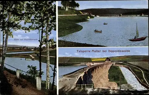 Ak Malter Dippoldiswalde im Osterzgebirge, Talsperre, Blick auf Dippoldiswalde, Sperrmauer, Überlauf