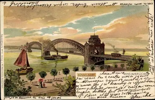 Litho Düsseldorf am Rhein, Rheinbrücke, Dampfer, Straßenbahn