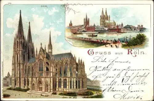 Litho Köln am Rhein, Der Dom aus der Seitenansicht, Stadtpanorama über den Rhein