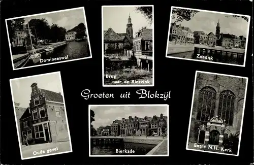 Ak Blokzijl Overijssel Niederlande, Domineeswal, Bierkade, Oude gevel, Zeedijk, Brug, Kerk