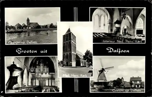 Ak Dalfsen Overijssel, Gezicht op Dalfsen, Kerkeinterieur, Ned. Herv. Kerk