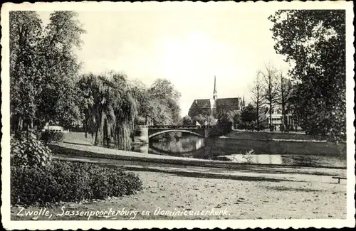 Ak Zwolle Overijssel Niederlande, Sassenpoorterburg en Dominicanerkerk, Brücke