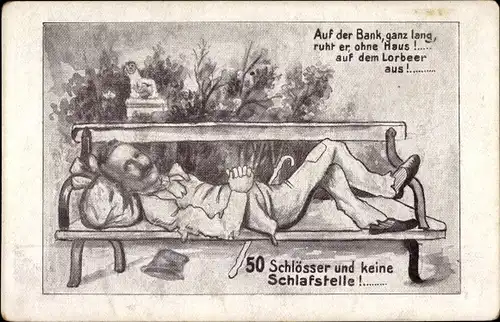 Ak 50 Schlösser und keine Schlafstelle, Kaiser Wilhelm II. auf einer Parkbank