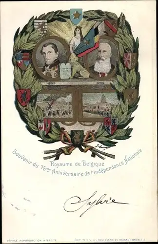 Wappen Ak König Leopold II. von Belgien, Leopold I., 75me Anniversaire de l'Independance Nationale