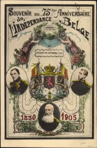 Wappen Ak König Leopold II. von Belgien, Leopold I., 75me Anniversaire de l'Independance Nationale