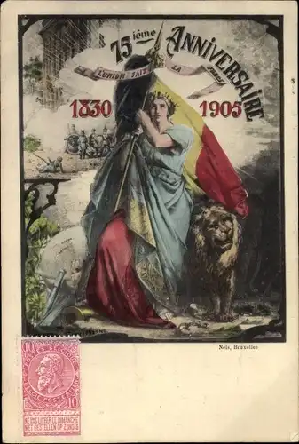 Künstler Ak Belgien, 75me Anniversaire de l'Independance Nationale, Löwe, Allegorie
