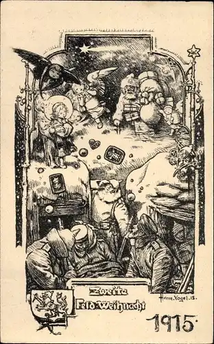 Künstler Ak Frohe Weihnachten, Feldweihnacht 1915, Soldaten im Unterstand, Weihnachtsmann, Engel