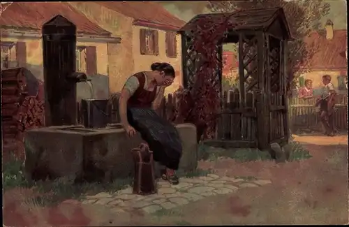 Lied Künstler Ak Hey, Paul, Volksliedkarte Nr. 34, Jetzt geh i ans Brünnele