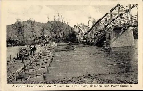 Ak Tschechien, Zerstörte Brücke über die Morava bei Praskovze, Kriegszerstörungen, I WK